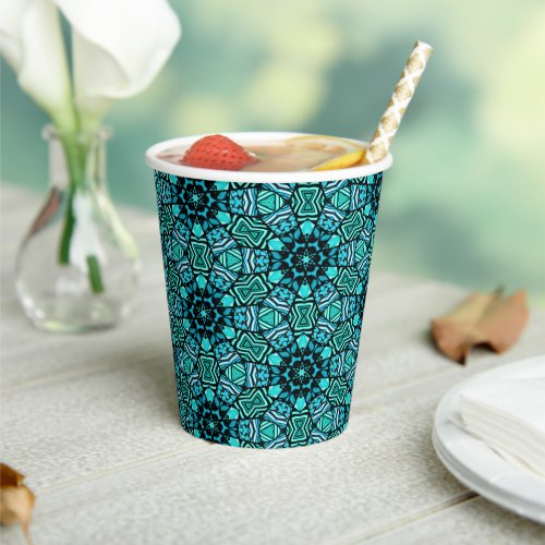 Chic Teal Turquoise Retro Oriental Mosaic Pattern Paper Cups