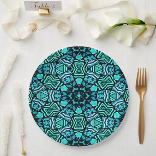 Chic Teal Turquoise Retro Oriental Mosaic Pattern Paper Plates