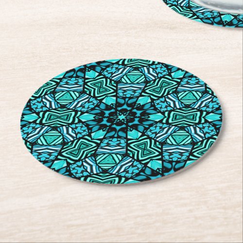 Chic Teal Turquoise Retro Oriental Mosaic Pattern Round Paper Coaster