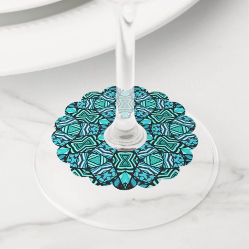 Chic Teal Turquoise Retro Oriental Mosaic Pattern Wine Glass Tag