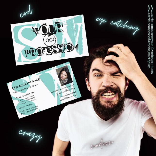 Chic Teal White Black with Photo Logo and Monogram Business Card (Creator Uploaded)
