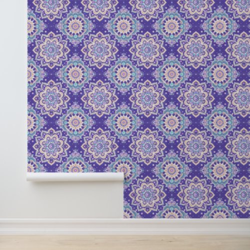 Chic Teal White Brown Purple Mandala Peel  Stick Wallpaper