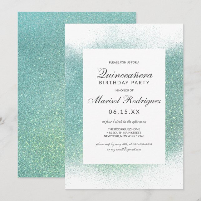 Chic Teal White Glitter Dust Border Quinceañera Invitation (Front/Back)