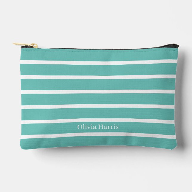 Chic Teal & White Stripe Travel & Make Up Bag (Front)