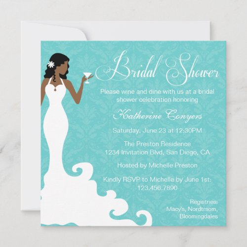 Chic Teal Wine Damask Bridal Shower Invitation