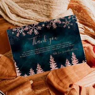 Chic teal Winter rose gold snow pine wedding Thank You Card
