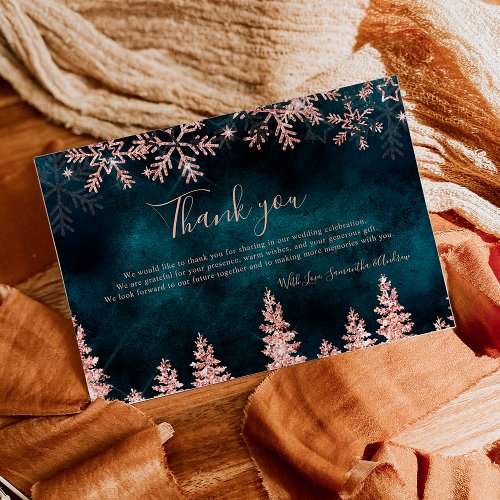 Chic teal Winter rose gold snow pine wedding Thank You Card