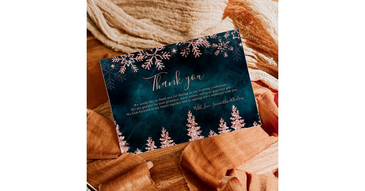 Chic teal Winter rose gold snow pine wedding Thank You Card | Zazzle