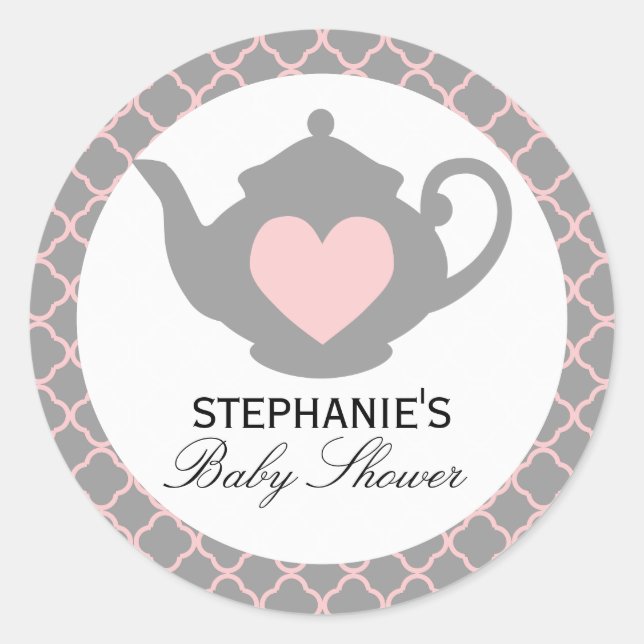 Chic Teapot Pink + Gray Baby Shower Tea Sticker (Front)