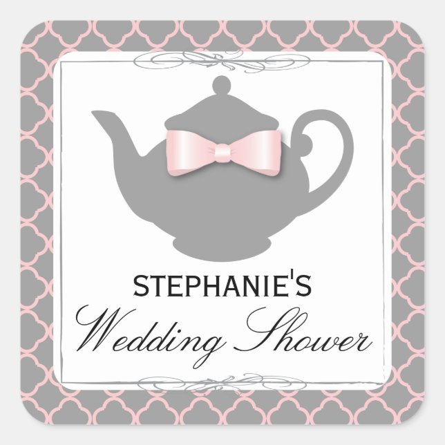 Chic Teapot Pink + Gray Bridal Shower Tea Sticker (Front)