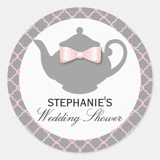 Chic Teapot Pink + Gray Wedding Shower Tea Sticker (Front)