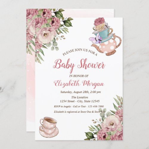 Chic Teapot Tea cup Floral Baby Shower  Invitation