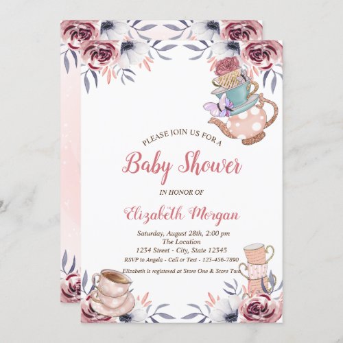 Chic Teapot Tea cup Floral Tea Party Baby Shower  Invitation