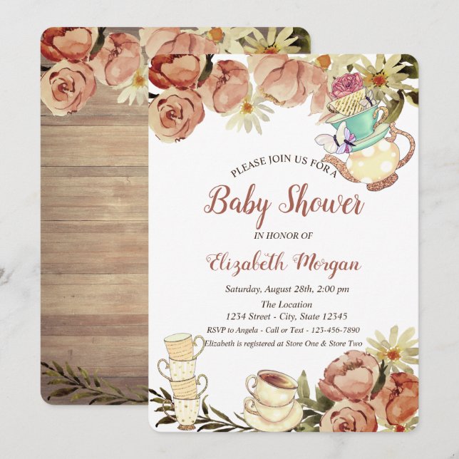 Chic Teapot Tea cup Flowers Wood Baby Shower   Invitation (Front/Back)