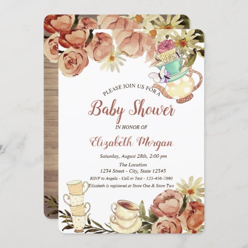 Chic Teapot Tea cup Flowers Wood Baby Shower   Invitation