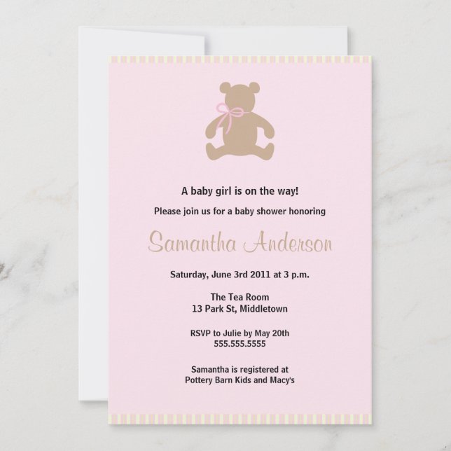 Chic Teddy Bear Baby Shower Invitation - Girl (Front)