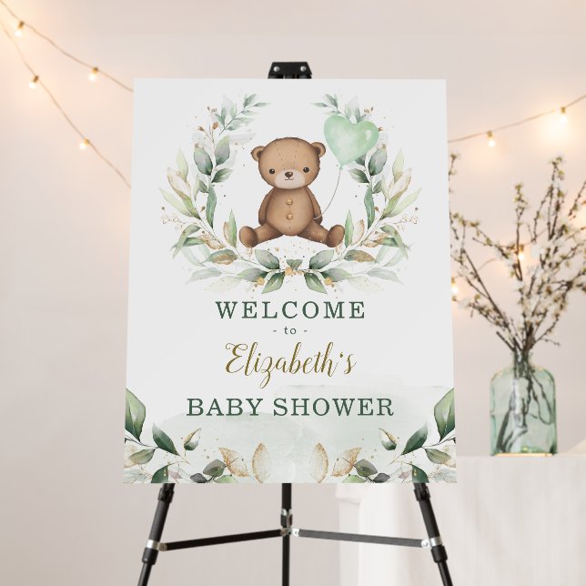 Chic Teddy Bear Greenery Gold Wreath Welcome Baby Foam Board (In Situ (Stand))
