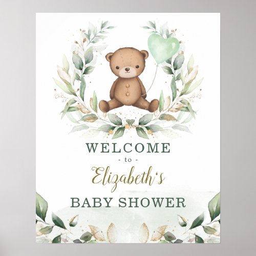 Chic Teddy Bear Greenery Gold Wreath Welcome Baby Poster