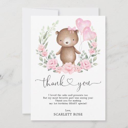Chic Teddy Bear Pink Floral Balloons Birthday Girl Thank You Card