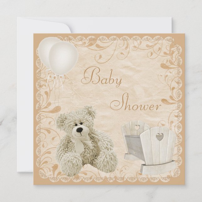 Chic Teddy & Crib Neutral Baby Shower Invitation (Front)