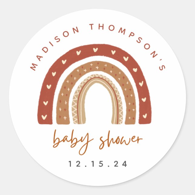 Chic Terracotta Boho Rainbow Baby Shower Classic Round Sticker (Front)