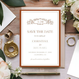 Chic Terracotta botanical crest monogram wedding Save The Date