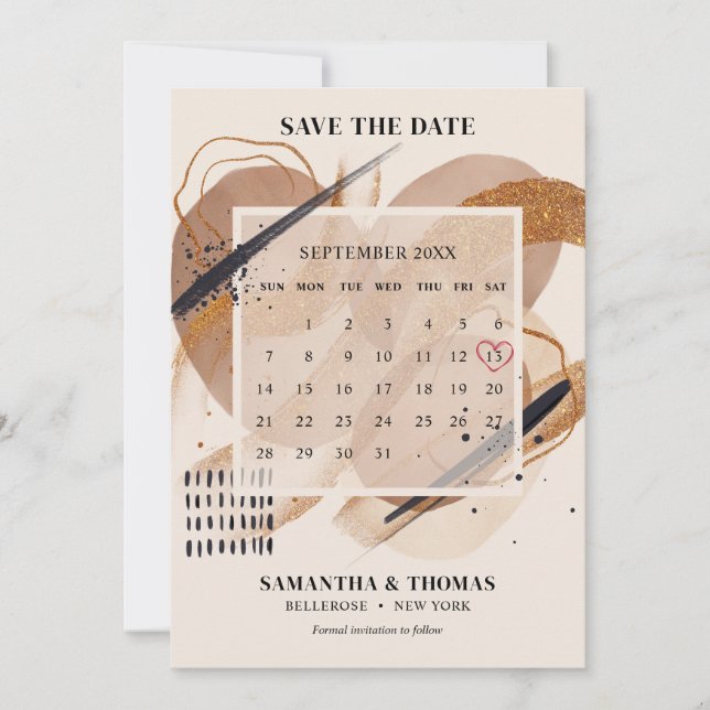 Chic Terracotta rose gold glitter brushes calendar Save The Date (Front)