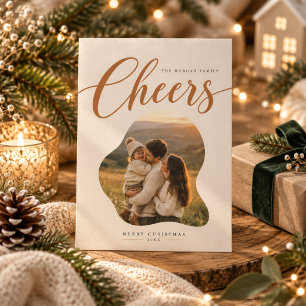 Chic Terracotta Script Cheers Photo Christmas Holiday Card