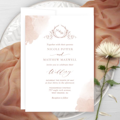 Chic Terracotta Watercolor Stains Monogram Wedding Invitation