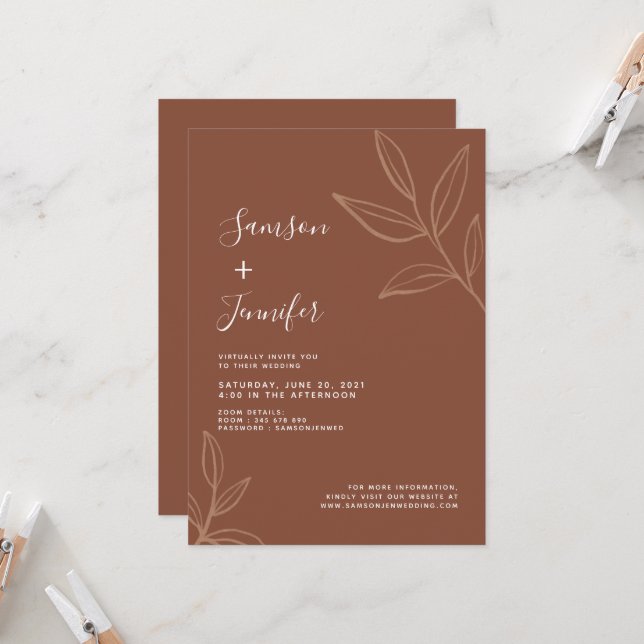 Chic Terracotta with Leaves Boho Virtual Wedding Invitation (Front/Back In Situ)