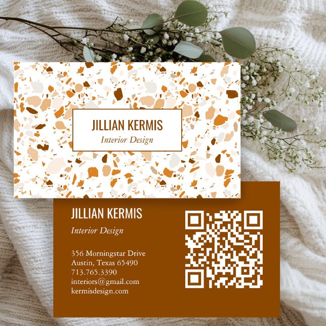 Chic terrazzo elegant Brown Terracotta CUSTOM QR  Business Card (Chic terrazzo elegant Brown Terracotta CUSTOM QR Business Card
)