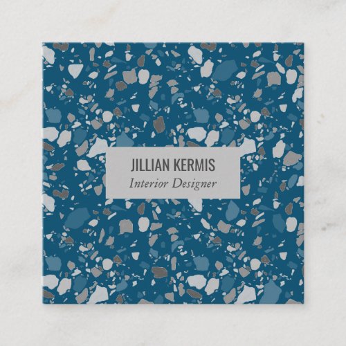 Chic terrazzo elegant greyscale blue square business card