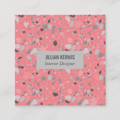 Chic terrazzo elegant greyscale pink square business card