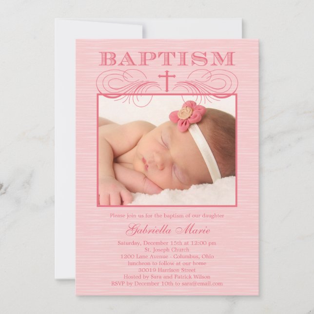Chic Texture Photo Baptism Invitation - Pink (Front)