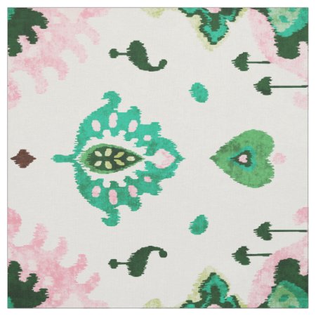 Chic Textured Green And Pink Ikat Tribal Pattern Fabric