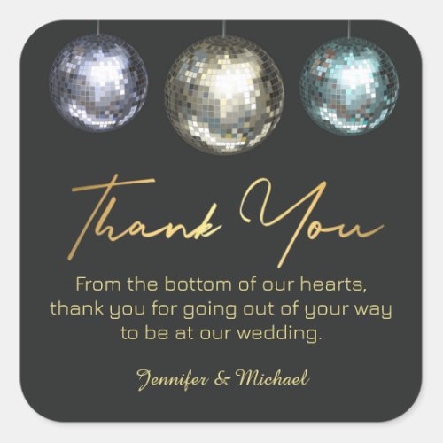 chic thank you 3 disco balls black golden wedding  square sticker