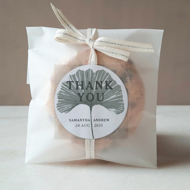 Chic Thank You Sage Green Ginkgo Wedding Favor  Classic Round Sticker (Creator Uploaded)