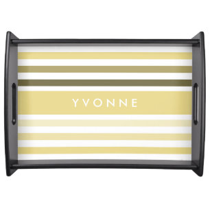 Chic Thick Stripes and Name in Lemon Chiffon Serving Tray