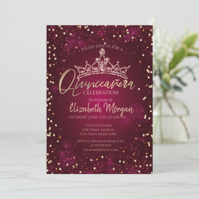 Chic Tiara,Diamonds Burgundy Quinceañera  Invitation (Standing Front)