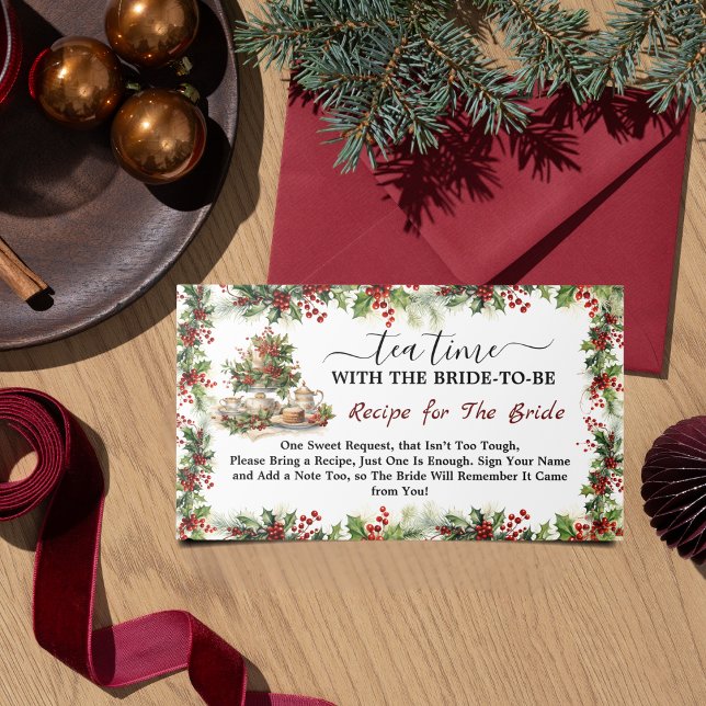 Chic Time for Tea Christmas Bridal Shower Recipe  Enclosure Card (Chic Time for Tea Christmas Bridal Shower Recipe Enclosure Card holiday holly berries pine leaves )