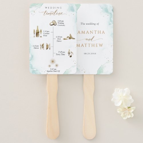 Chic Timeline and Welcome Watercolor Blue Green Hand Fan