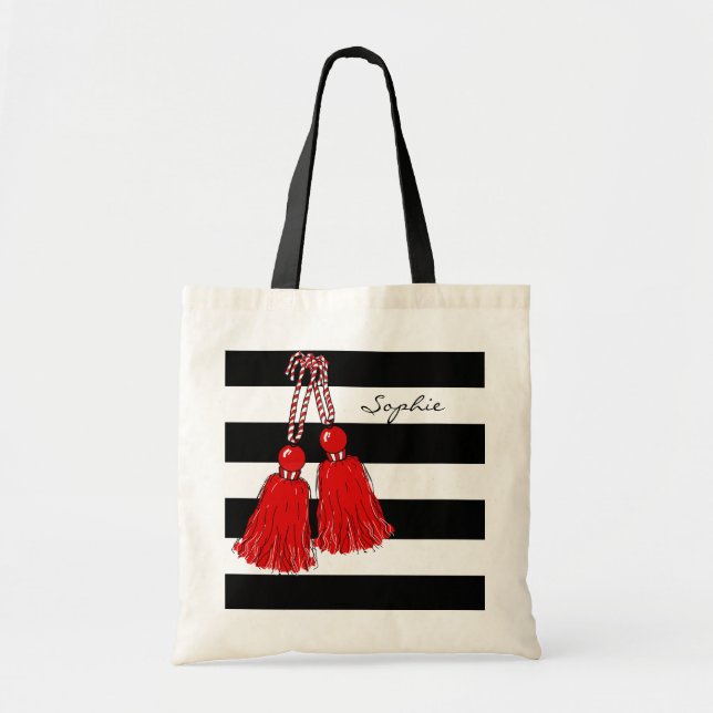CHIC TOTE_CHRISTMAS RED TASSELS_BLACK STRIPES TOTE BAG (Front)