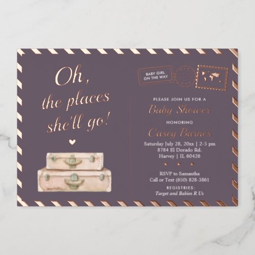 Chic Travel Rose Gold Places Shell Go Baby Shower Foil Invitation