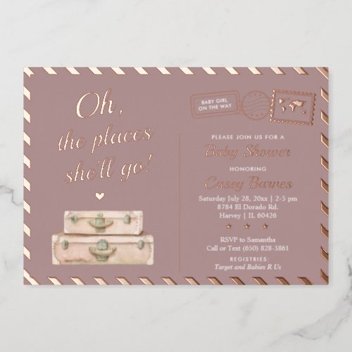 Chic Travel Rose Gold Places Shell Go Baby Shower Foil Invitation