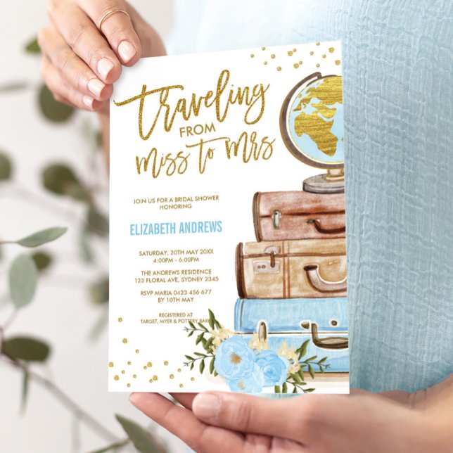Chic Traveling Miss to Mrs Blue Gold Bridal Shower Invitation (Creator Uploaded)
