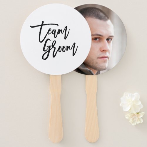 Chic Trendy Black Brush Script Team Groom Hand Fan