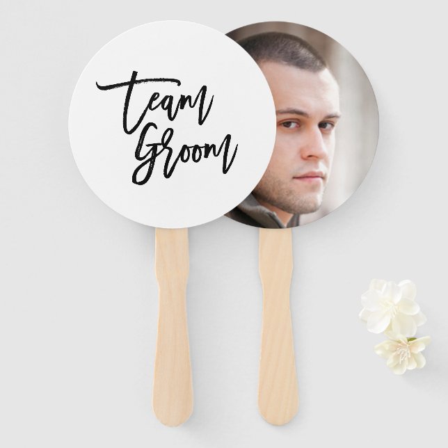Chic Trendy Black Brush Script Team Groom Hand Fan (Front and Back)