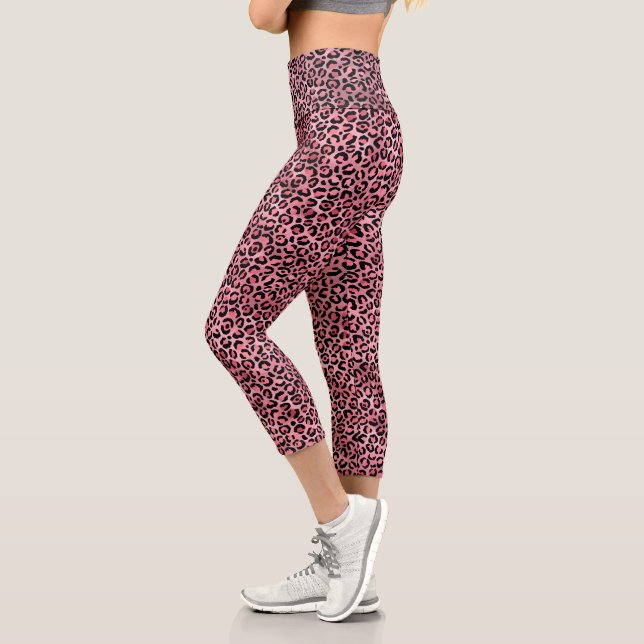 Chic Trendy Black Pink Leopard Print Capri Leggings (Left)