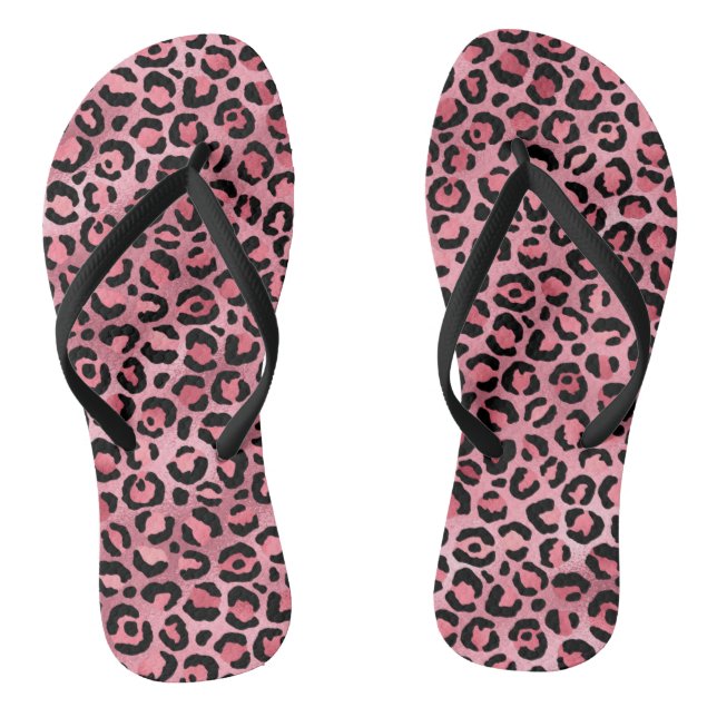 Chic Trendy Black Pink Leopard Print Flip Flops (Footbed)