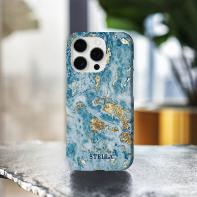 Chic Trendy Blue Gold Texture Personalized Case-Mate iPhone Case (Get elegant, chic, and fashionable with the trendy blue-gold marble texture art nail wrap design. )